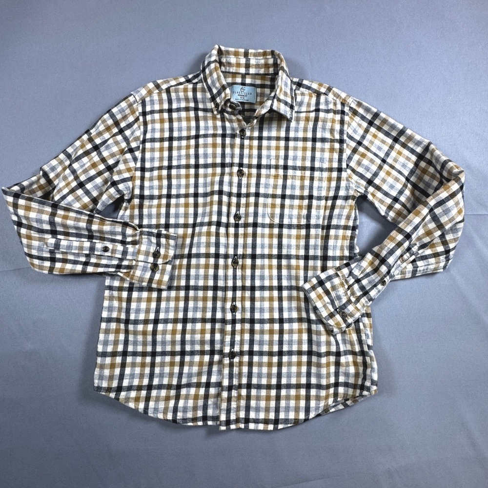 Class Club Boys Plaid Flannel Button Down Shirt Tan Brown Fall Autumn 10/12